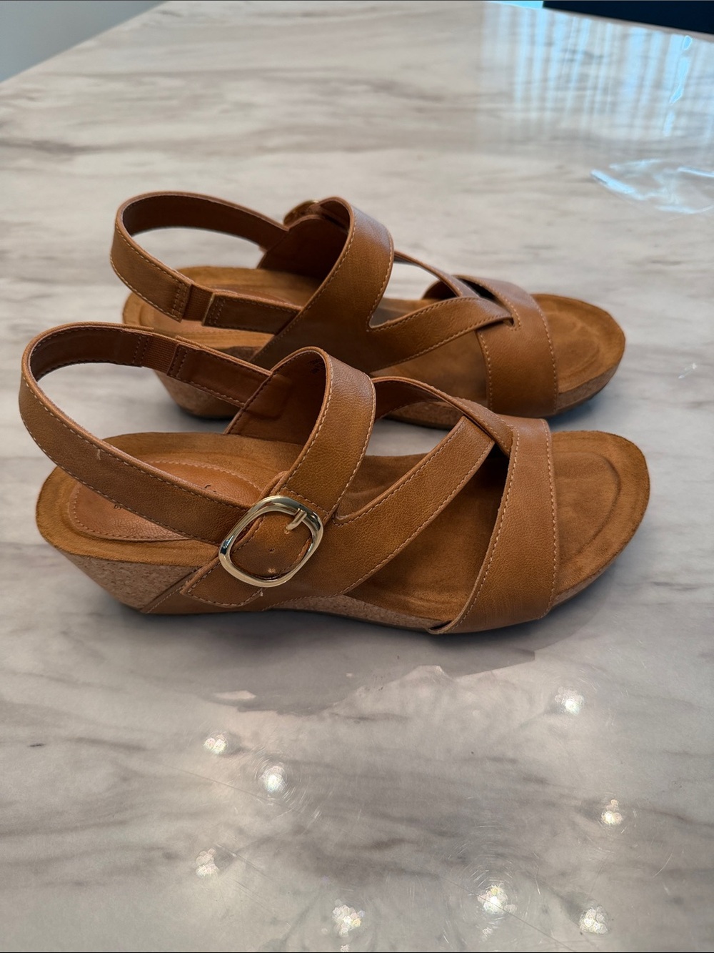 Women’s Tan Wedge Sandals with Buckle Strap